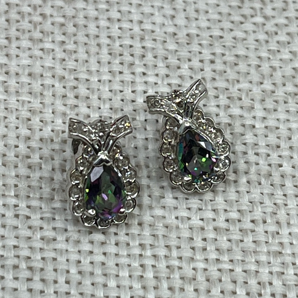Vintage 10k White Gold Mystic Topaz & Diamond Earrings - Picture 7 of 15